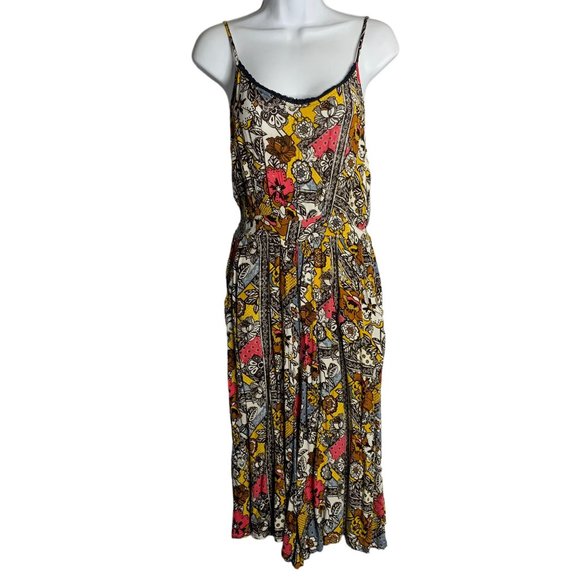 Derek Heart Wide Leg Cropped Jumpsuit Romper L Brown Floral Pockets Sleeveless - Picture 1 of 7